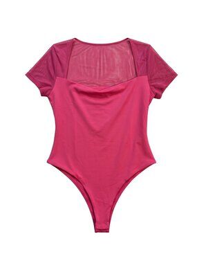 NWOT | Hot Pink Mesh Sheer Short Sleeve Square Neck Thong Bodysuit Top | Medium